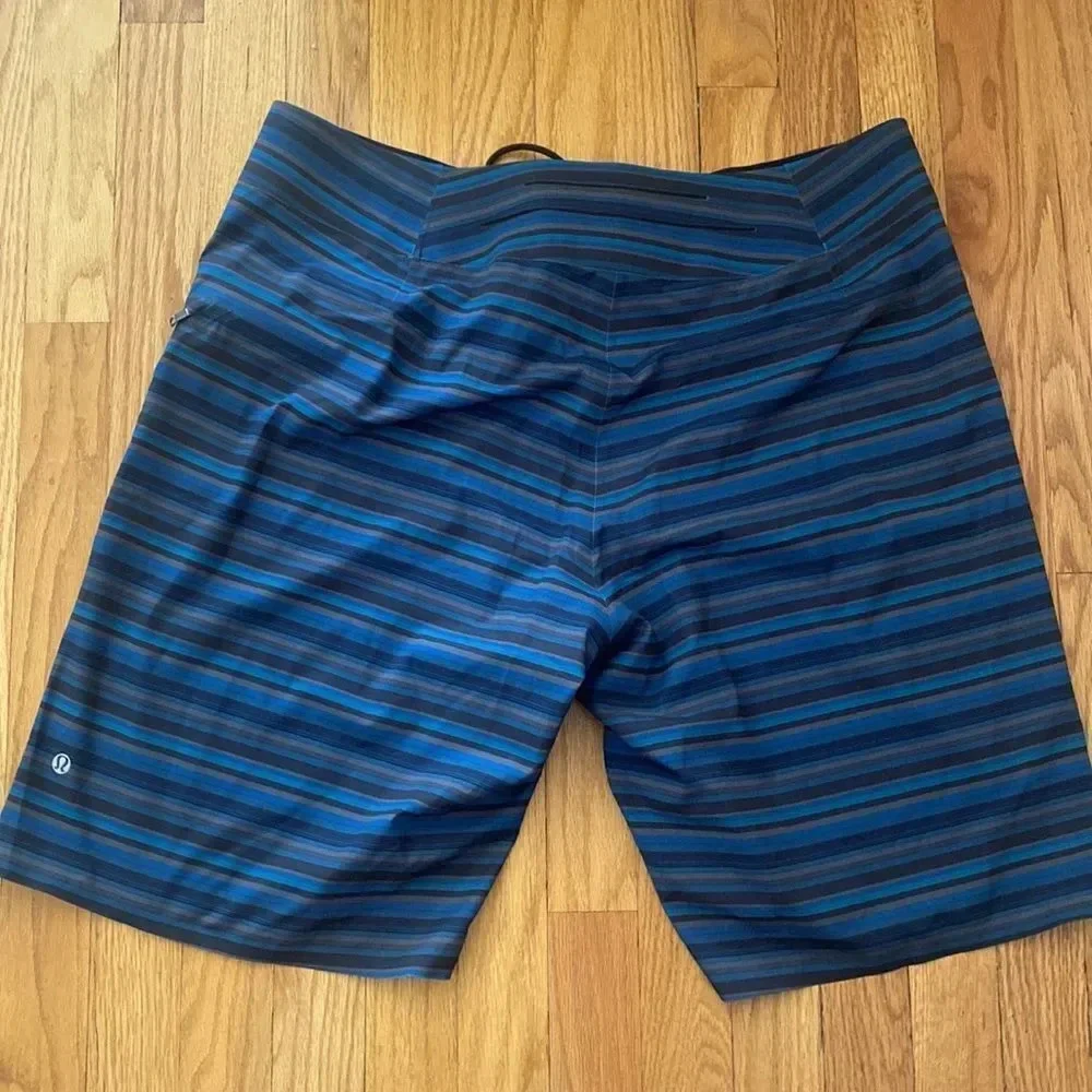 Lululemon swim trunks board shorts size 38 Blue Black Gray tie front EUC